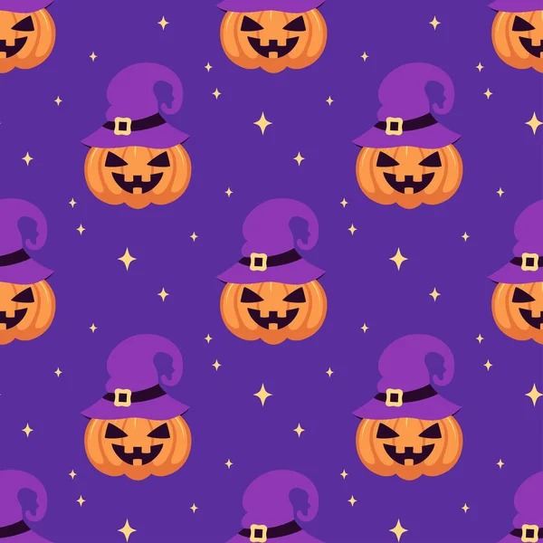 Halloween Seamless Pattern Pumpkin Witch Hat Stars Blue Background Flat — Vector de stock