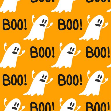 Cute ghosts Halloween seamless pattern. Boo. Background with simple spooky character or scary ghostly monsters. Vector pattern for Halloween.