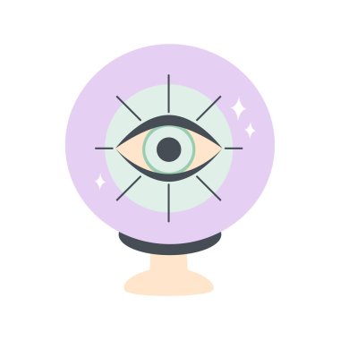 Beyaz zemin üzerinde kristal küre ile cadı ve sihirli sembol, vektör illüstrasyon, düz tasarım