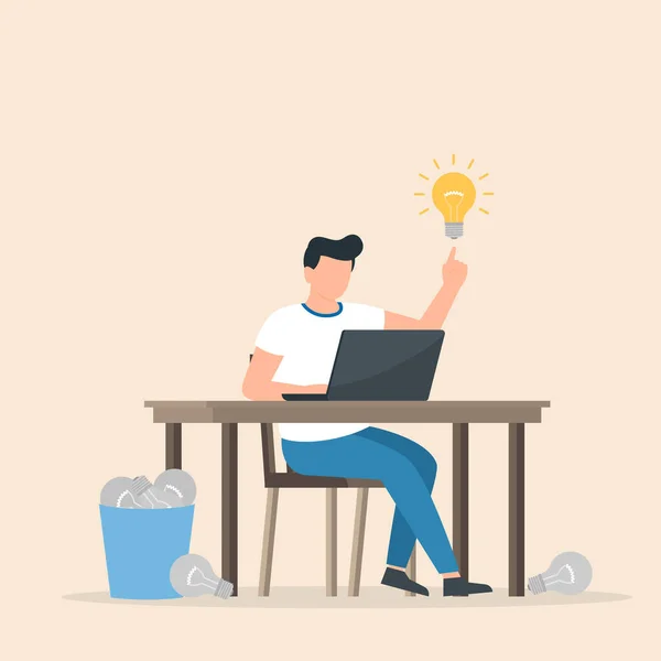 Man Working His Laptop Pointing Finger Bright Light Bulb Man — Stock Vector