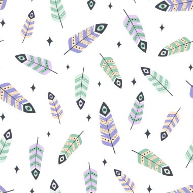 Tüyleri ve yıldızları olan kusursuz desen, sihirli arka plan, kumaş tasarımı, moda tekstili, renkli vektör çizimi, pastel kabile tarzı