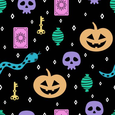 Cadılar bayramı, balkabağı, şeker, kafatası ve cadılar bayramı temalı diğer nesneler için vektörsüz desen, koyu arkaplanda izole edilmiş şirin çizgi film deseni