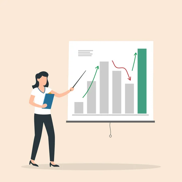 Üzletasszony Vagy Menedzser Grafikonos Prezentációt Tart Kutatási Grafikonpiac Diagramok Diagramok — Stock Vector