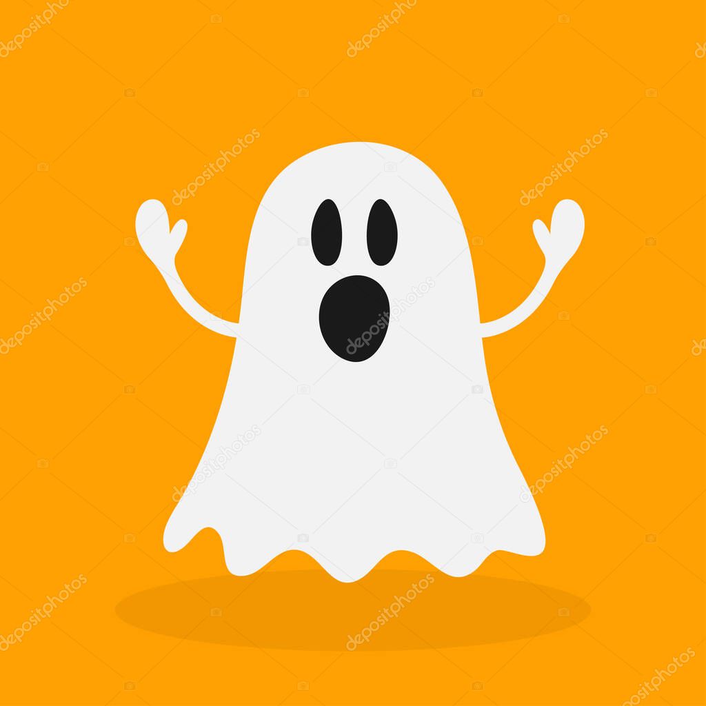 Ghosts in a white sheet, costume. Halloween spooky monster, scary spirit or poltergeist flying in night. Vector illustration.