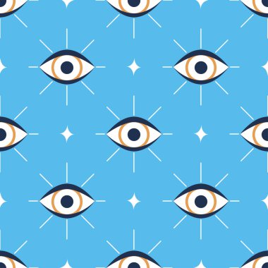 Mavi arkaplanda şeytani göz deseni, büyücülük okült sembolünün vektör çizimi, dekor elementi, kumaş, tekstil, mavi gözlü duvar kağıdı.