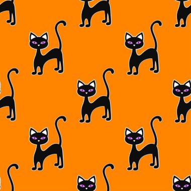 Turuncu arka planda siyah kediler, cadılar bayramı sembolleri, cadının evcil hayvanı, vektör illüstrasyon