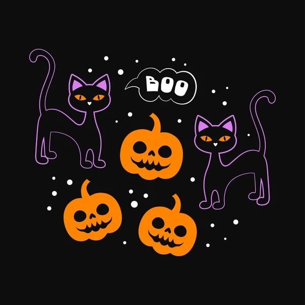 Halloween Vektorkarte Orangefarbener Kürbis Niedliche Cartoon Figur Violette Katze Kontur — Stockvektor