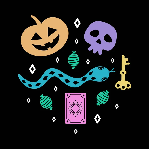Illustration Vectorielle Avec Mignonne Citrouille Drôle Crânes Autres Éléments Halloween — Image vectorielle