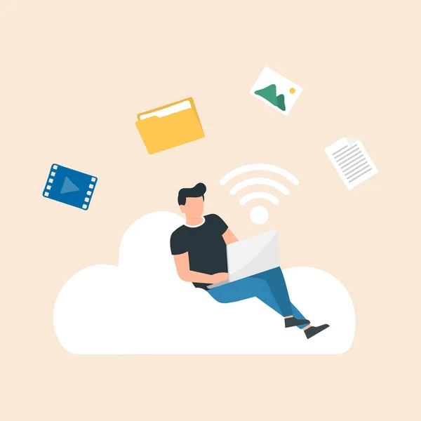 Cloud Internet Man Sitting Cloud Laptop Work Freelance Blogger Vector — Stock Vector