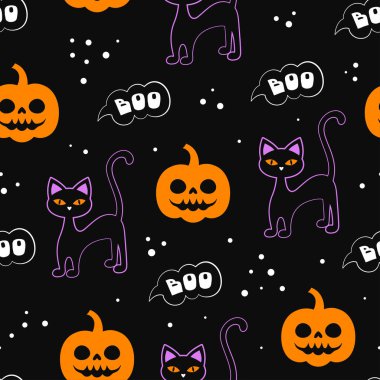 Cadılar bayramı partisinin pürüzsüz desenli şirin elementleri kediler, balkabakları ve siyah arkaplandaki harfler basit düz tasarım.