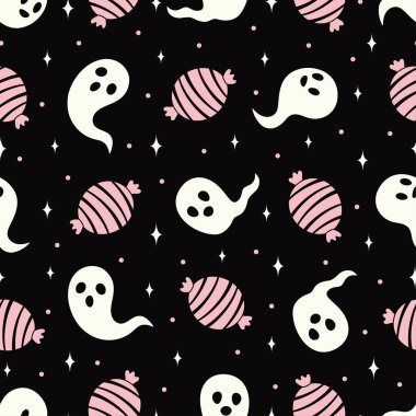 Cadılar bayramı için kusursuz desen, siyah arka planda pembe renkli şirin hayaletler ve şekerler, basit düz tasarım.