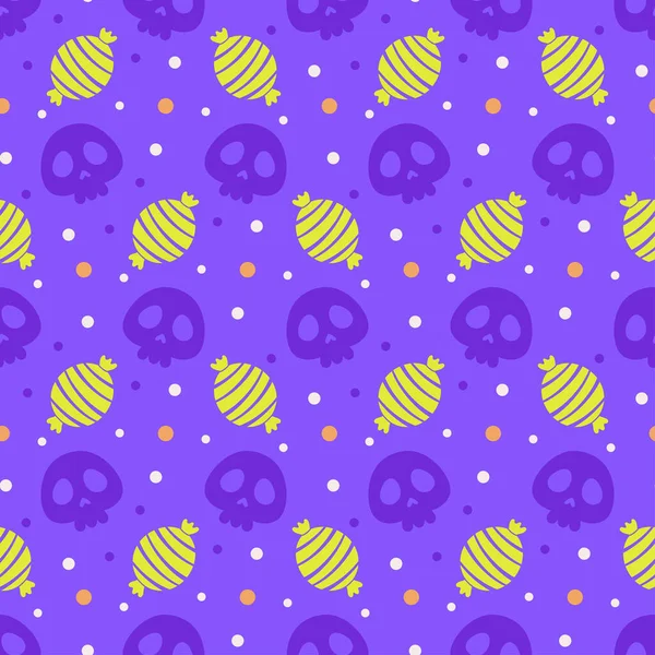 Motif Sans Couture Halloween Avec Crâne Bonbons Sur Fond Violet — Image vectorielle