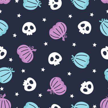 Siyah arkaplanda kabak ve kafatasları olan cadılar bayramı için kusursuz desen, renkli baskı, vektör illüstrasyonu