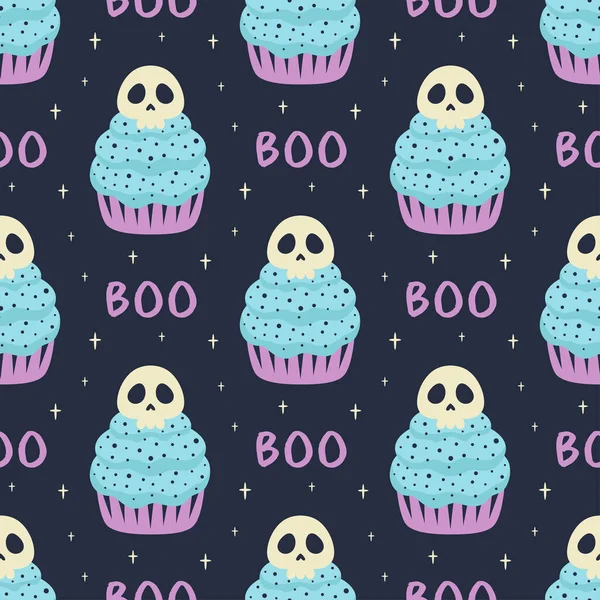 Halloween Boo Lettering Cupcake Com Esqueleto Assustador Sem Costura Padrão —  Vetores de Stock