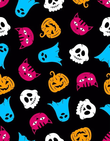 Бесшовный Узор Праздника Хэллоуина Цветными Тыквами Призраками Кошками Черепами Детским — стоковый вектор