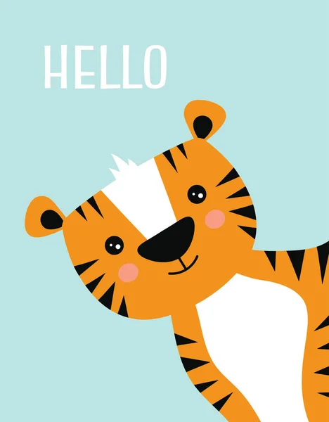 卡通可爱的老虎和题词你好 贺卡与迷人的宠物蓝色背景 矢量插图 — 图库矢量图片