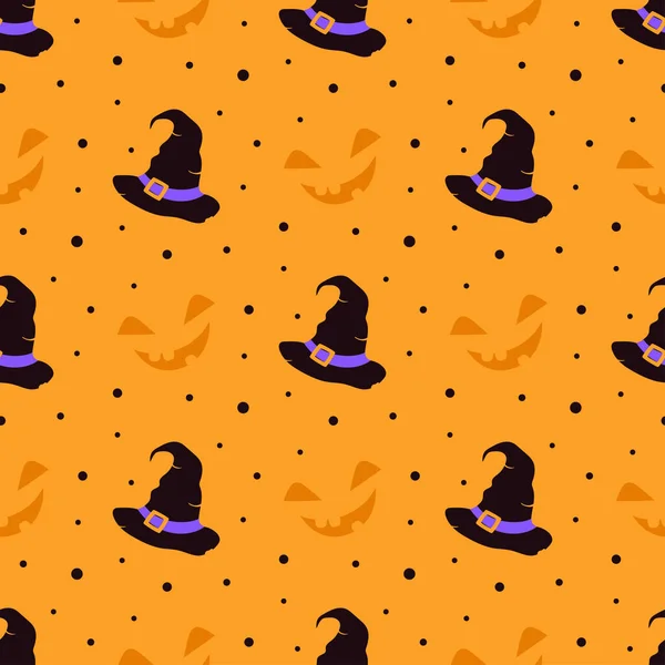 Tatlı cadılar bayramı desenli balkabakları ve cadı şapkaları çizimleri turuncu arka planda izole edilmiş renkli baskılar.