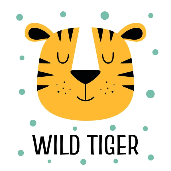 Linda Cabeza Tigre Tarjeta Con Impresión Animal Ilustración Vectorial Aislada — Vector de stock