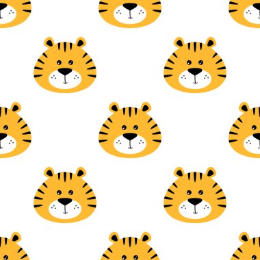 Beyaz kaplan başlı kusursuz desen, vektör çizimi, sevimli çizgi film çocuksu hayvan arkaplanı.