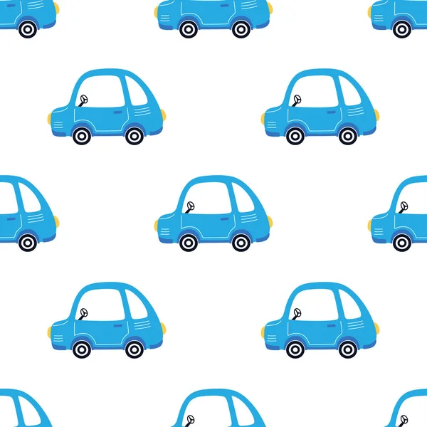 Seamless Pattern Cartoon Car Cute Blue Car White Background Good — Stock Vector