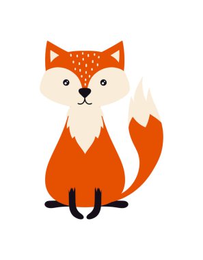 Beyaz arka planda izole edilmiş tilki çizgi film kartı, güzel kuyruklu tüylü hayvan karakteri, çocuklar için tasarım.