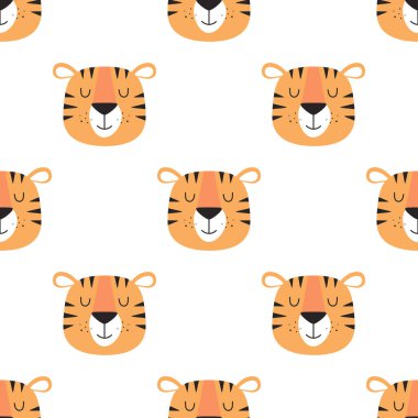 Beyaz üzerinde kaplan başları, çizgi filmlerdeki çocuksu hayvan geçmişi, vektör çizimi, düz tasarım.