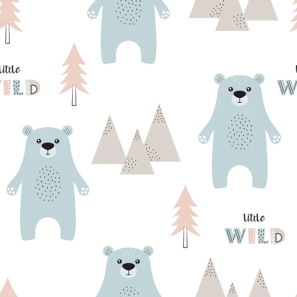 冬季无缝图案 有可爱的北极熊 高山和圣诞节树 动物印刷品 病媒图解 — 图库矢量图片