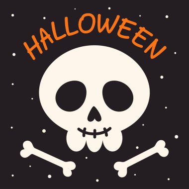 halloween greeting card with cute human skull, flat vector illustration