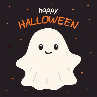 halloween greeting card with funny ghost, cute cartoon character, flat childish style