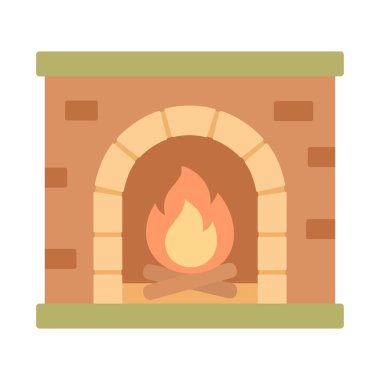 Yanan yakacak odunları olan samimi çizgi film şöminesi, Noel sembolü, beyaz üzerine izole edilmiş düz vektör çizimi.