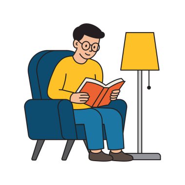 Koltukta kitap okuyan adam. Hobi ve Eğitim Konsepti. Vektör İllüstrasyonu