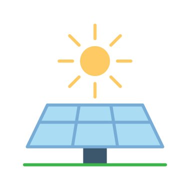 Güneş Paneli ve Güneş Simgesi, Yenilenebilir Enerji ve Ekoloji. Vektör İllüstrasyonu