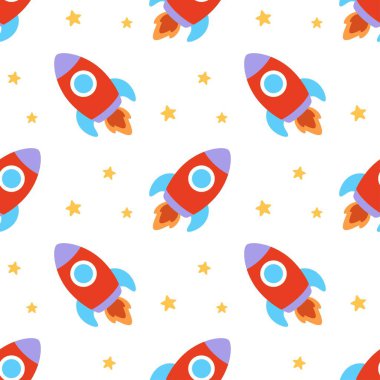 Roketleri ve yıldızları olan kusursuz desen, çocuklar için çizgi film arkaplanı