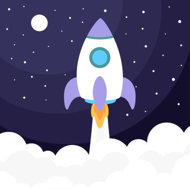 Yıldızlar, gezegenler, ay ve bulutlar tarafından çevrelenmiş, uzaya fırlatılan çizgi film stili roketin renkli çizimi