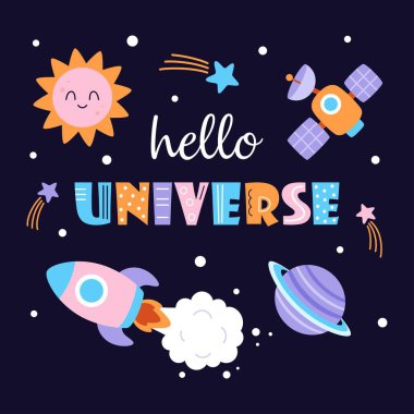 karikatür roketi, gezegen, uydu, güneş, kuyruklu yıldızlar ve çocuklar için harf vektör çizimi, düz stil