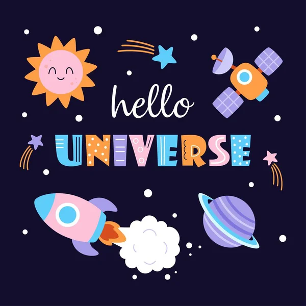 karikatür roketi, gezegen, uydu, güneş, kuyruklu yıldızlar ve çocuklar için harf vektör çizimi, düz stil