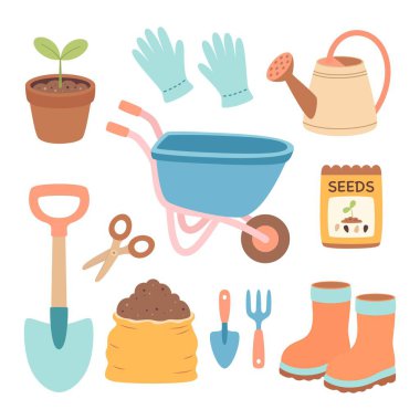 Beyaz arkaplanda izole edilmiş renkli düz vektör biçiminde bahçe araçları, bitkiler ve aksesuarlar