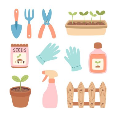 beyaz üzerine izole edilmiş bahçe aletleri ve çiçekler çizgi film seti düz stil, ev bahçe, filizlenme, doğal ve ekolojik ürünler büyüyen