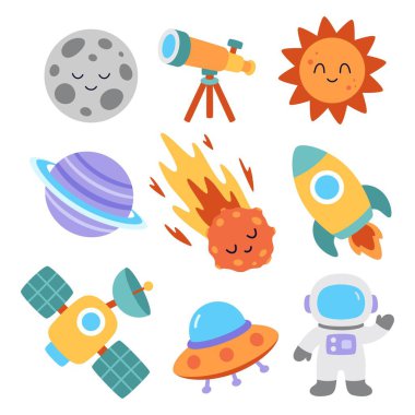 Düz biçimli uzay simgeleri, astronot, roket, teleskop, gezegen, ay, güneş, göktaşı ve uydu, kozmos keşif elementleri, düz vektör koleksiyonu