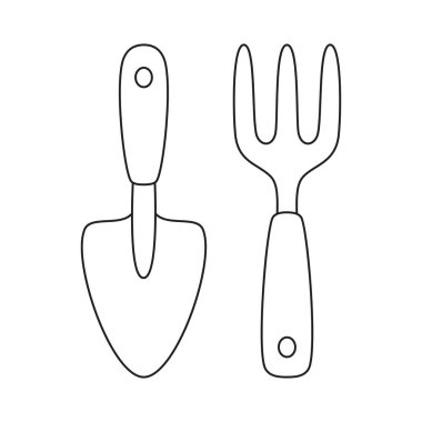 Kürek ve tırmık ikonu, bahçe konsepti, kontur içinde düz vektör illüstrasyonu