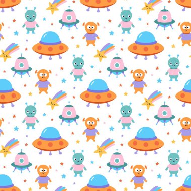 Uzaylıların, uzay gemisinin, kuyruklu yıldızın, yıldızların ve uydunun kusursuz deseni kumaş, tekstil, duvar kağıdı, düz stil için idealdir.