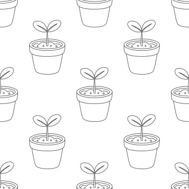 Ot içindeki pürüzsüz filizler, iki genç yapraklı ev bitkileri, ambalaj kağıdı için arka plan, tekstil, beyaz arka planda vektör çizimi.