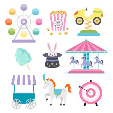 Sirk ve cazibe için renkli unsurlar, karnaval nesneleri beyaz arkaplanda izole edilmiş.