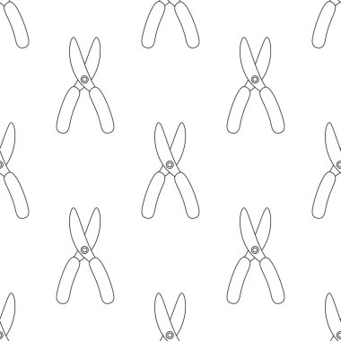 Bahçe araçları ile kusursuz desen, beyaz arka planda ana hatlı makas, ambalaj veya tekstil için iyi