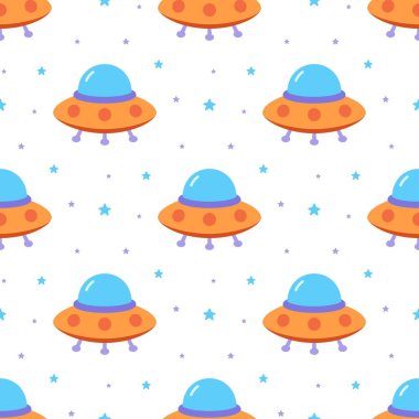Uçan daire ve yıldızlarla çocuksu kusursuz desen, vektör arkaplan ve uzay temasının dokusu, düz tasarım
