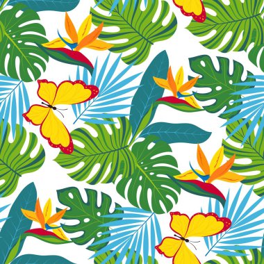 Çiçeksiz desenli tropik çiçekler ve kelebekler, botanik desen, yaz süsü, tekstil, kumaş, ambalaj ve giysiler için tasarım