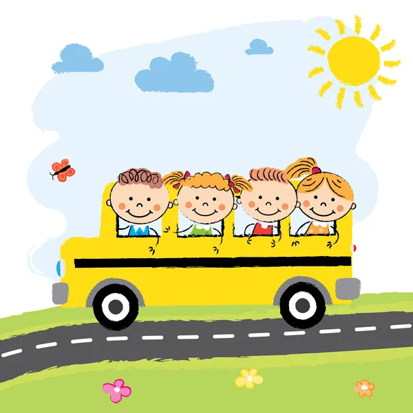 Niños en autobús escolar — Vector de stock