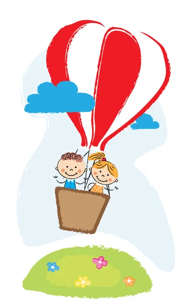 Niño y niña aveling por globo de aire caliente — Vector de stock