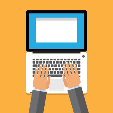 Laptop klavye üzerinde boş ekran monitör ile el