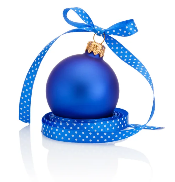 Blue Christmas ball with ribbon bow Isolated on white background — Stock Photo, Image